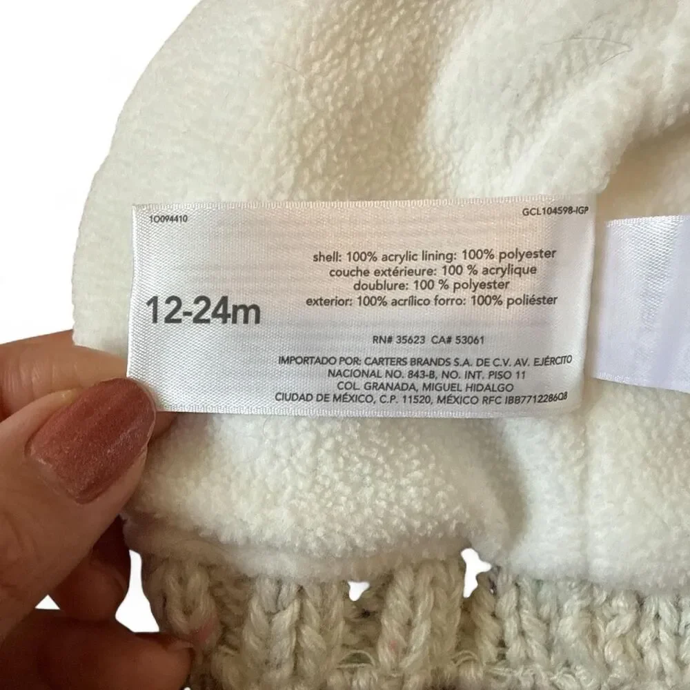 Carter’s Baby Knit Pom Pom Beanie Hat 12–24 Months Cream Fleece Lined Winter